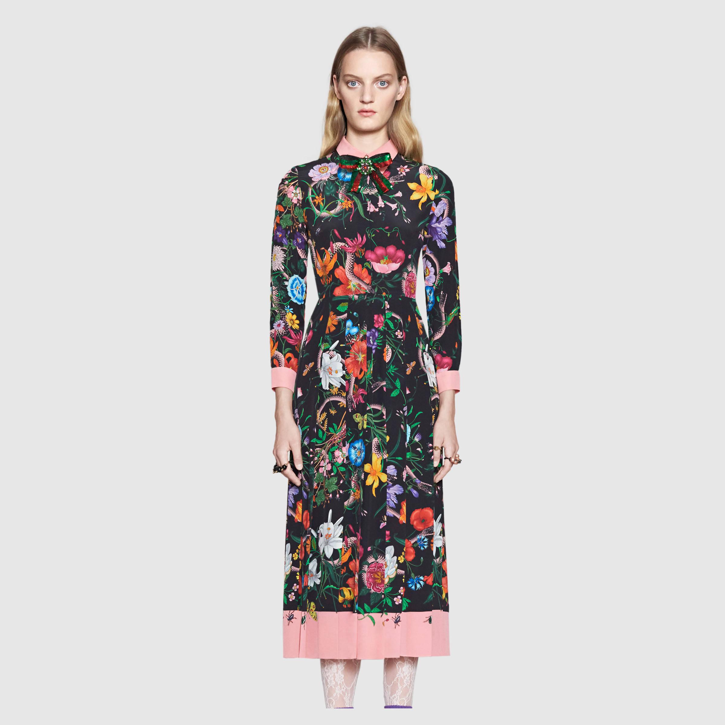 ワンピース GUCCI 'Gucci Flora' print dress Gucci Flora Snake Print Silk Dress | Lyst